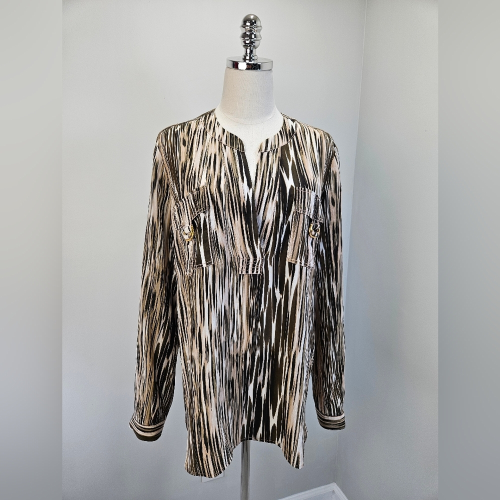 Diane von Furstenberg Womens Tunic Blouse 10 Silk Brown Abstract Print